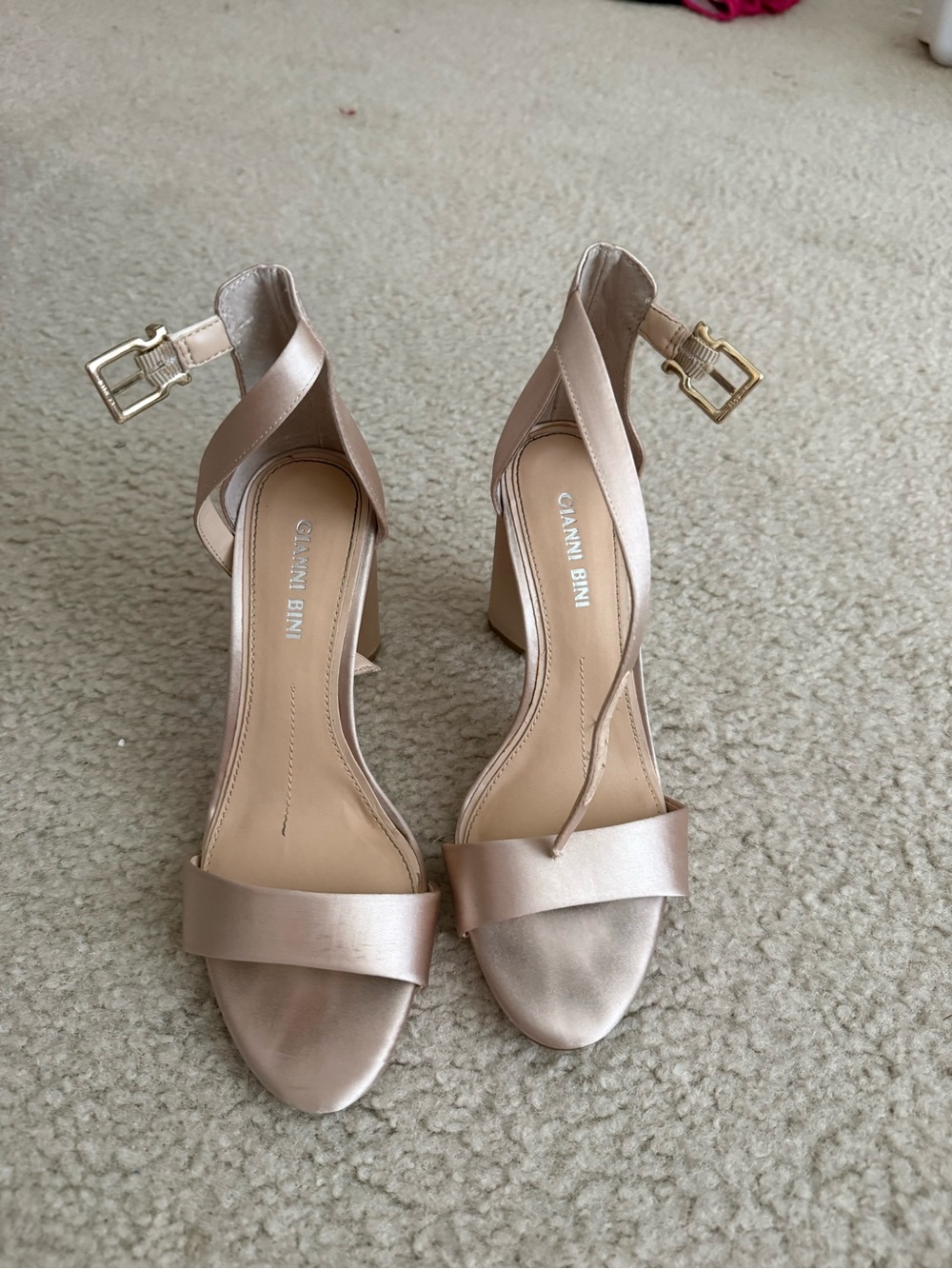 Gianni Bini Rose Gold Satin Ankle-Strap Block Heels